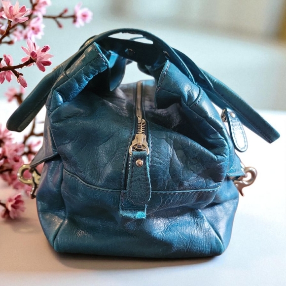 Vtg Francesco Biasia Teal Leather Hand Bag Purse Flap Lock Silver Hardware Italy - Picture 4 of 15